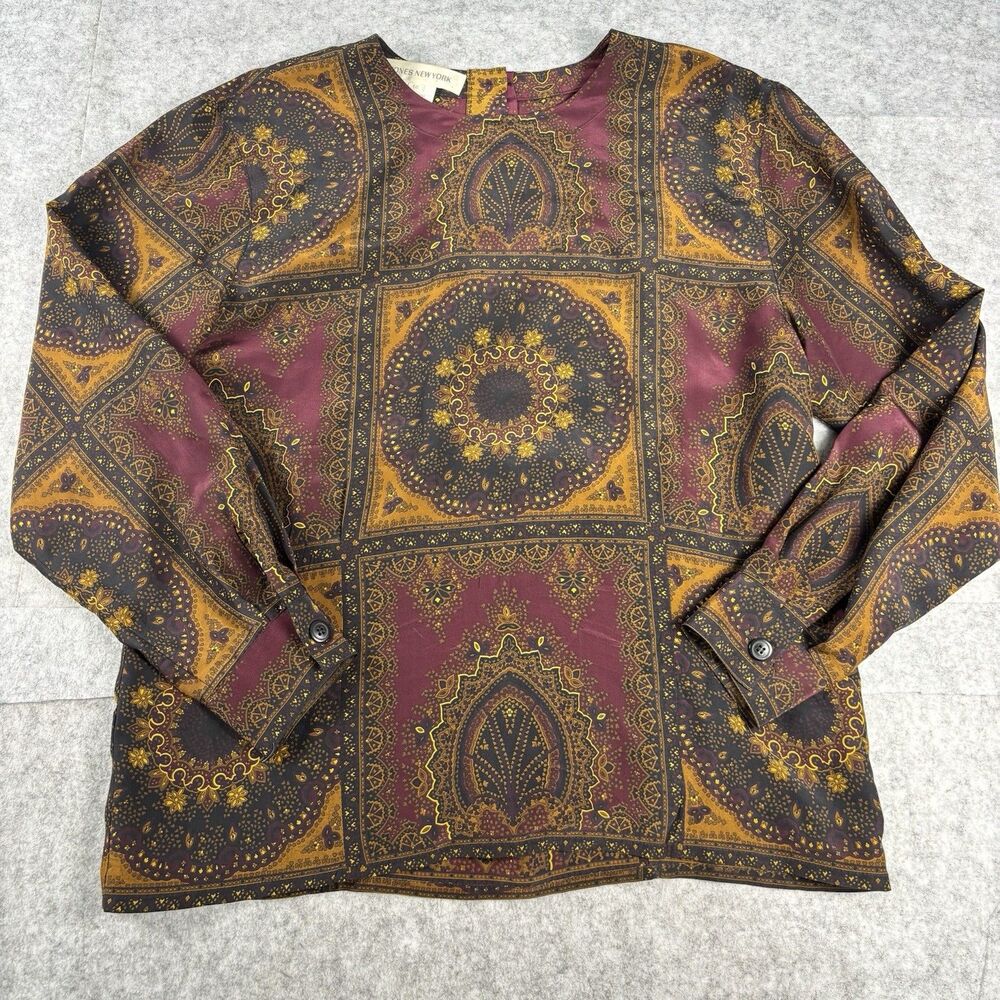 Vintage Jones New York Womens 10 100% Silk Blouse Burgundy Gold Medallion LS Top